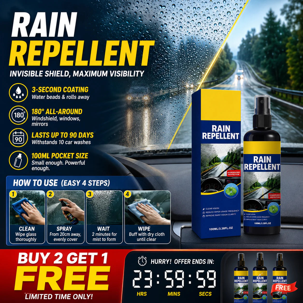 🏆 Last Day Special Price 13.99 ! 🔥Buy 2 Get 1 Free🎁Crystal Clear Windshield Rain Repellent Spray