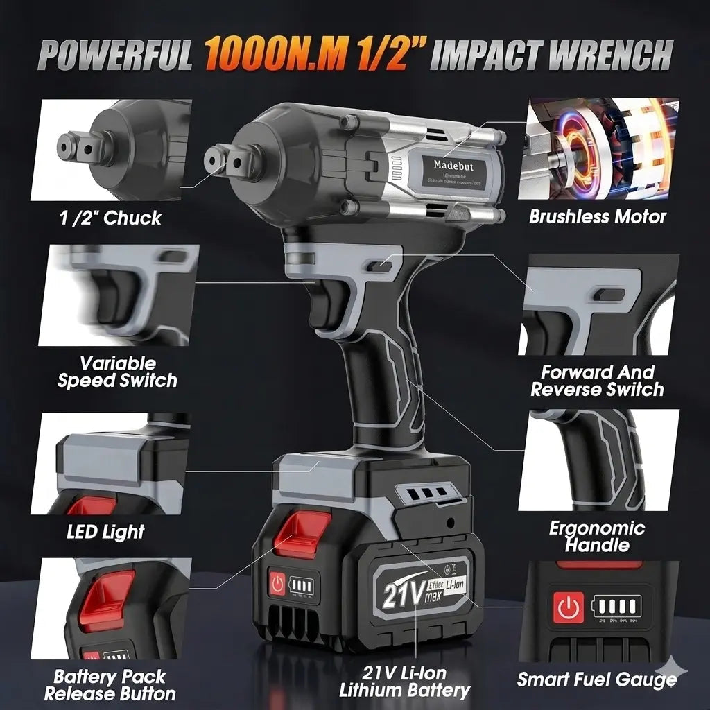 🔥2026 HOT SALE⏰️1000N.m Cordless Impact Wrench, All-Metal Cordless Impact Gun with 2*4.0Mah