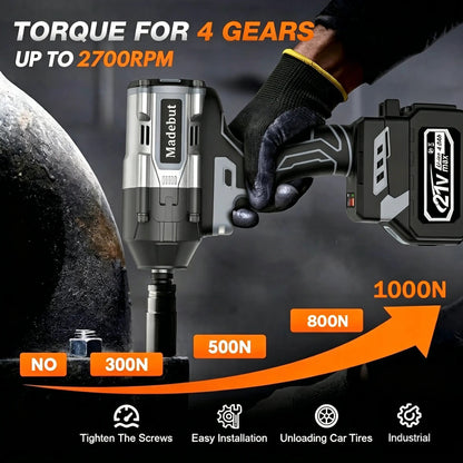 🔥2026 HOT SALE⏰️1000N.m Cordless Impact Wrench, All-Metal Cordless Impact Gun with 2*4.0Mah