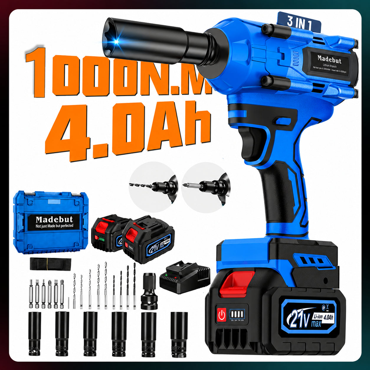 🔥2026 HOT SALE⏰️1000N.m Cordless Impact Wrench, All-Metal Cordless Impact Gun with 2*4.0Mah